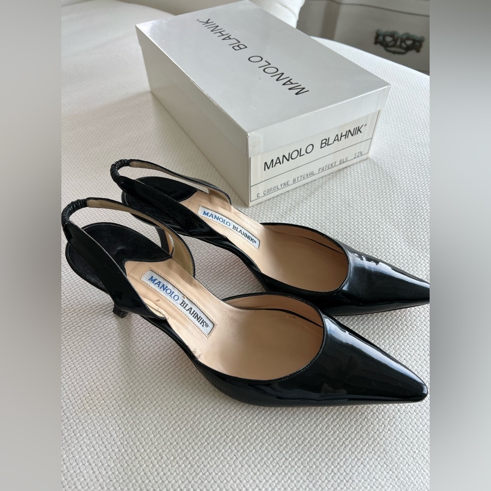 Manolo Blahnik black patent leather heels, size 7 1/2